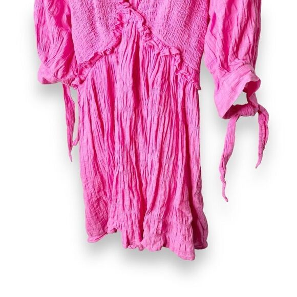 Lovers + Friends Finnegan Hot Pink Fuchsia Smocked Mini Dress V Neck Ruffle XS - Picture 5 of 8